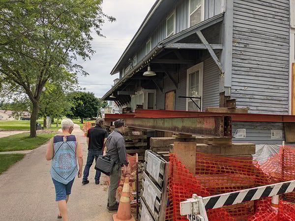 Depot jacked up from foundation