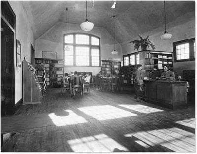 Black and white photo of the interior of the Robbinsdale library, ca 1920s