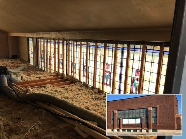 Photo showing false ceiling of the First National Bank of Adams with exterior of museum in inset photo