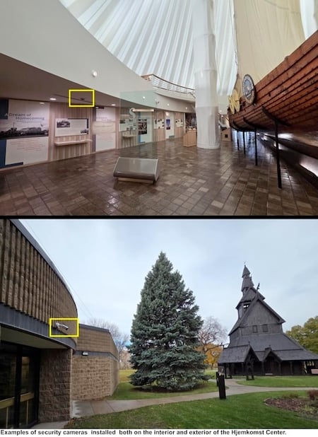 Two photos showing installed Security Cameras at the Hjemkomst Center in the exterior and interior spaces-1