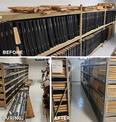 Composite of three photos showing a transition of bound volumes on shelving Before, During and After