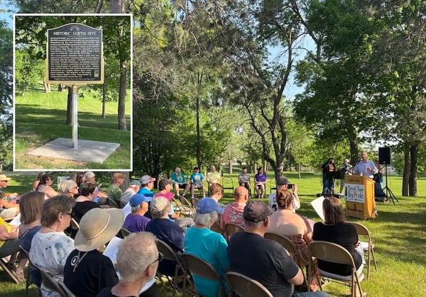Community gathering in a park with a speaker at a podium labeled "Small Town, Big Pride," and an Inset photo shows a historical marker with title HISTORIC LGBTQ SITE.