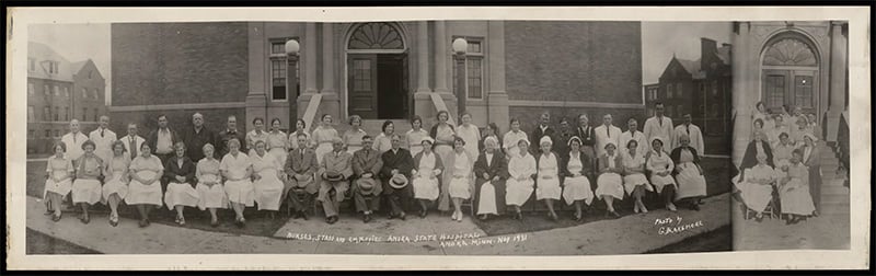 Photograph of nurses, staff, and employees of the Anoka State Hospital, November 1931. 1 panoramic photograph