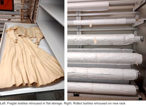 Left- Fragile textiles rehoused in flat storage. Right- Rolled textiles rehoused on new rack-1