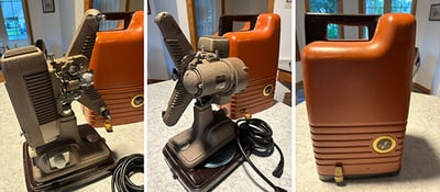 Three images of a vintage film projector