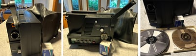 Three images of a vintage super 8mm film projector