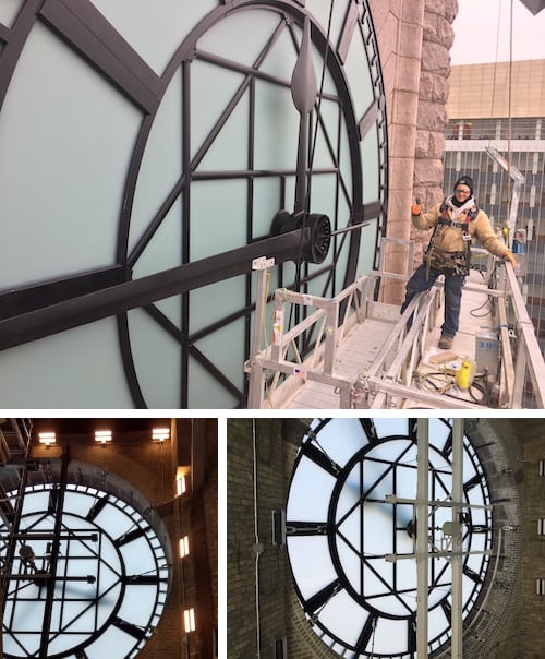Composit of three photos showing clock tower restoration