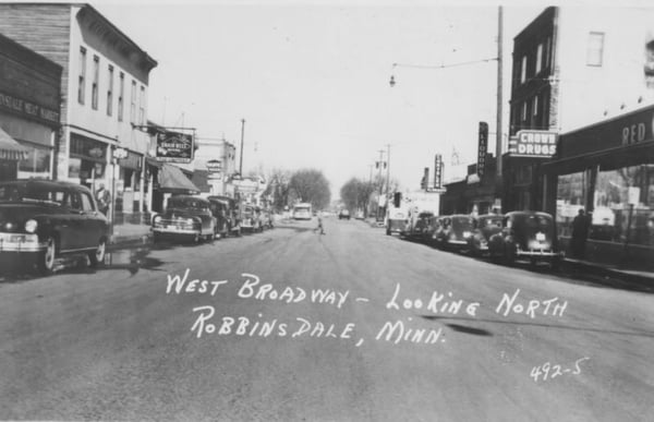 Looking north on West Broadway in 1950, Robbinsdale, Minnesota