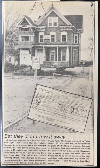 Newpaper clipping showing house with a parking ticket superimposed over it