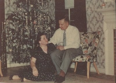 Ray and Loretta (Mamer) Robel of Prior Lake in their living room at Christmas, 1950