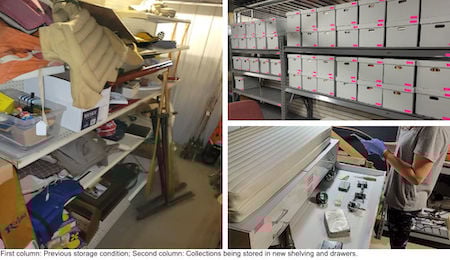 Composite image showing three before and after photos of collections in storage