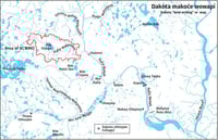 White map depicts waterways in blue, described by their Dakota names in black text. The region depicted lies between Mni (Iyá) Tanka (Lake Minnetonka) and Mni Sota Wakpá (Minnesota River); a red outline surrounds Ȟaȟá Wakpádaŋ as an area of focus.