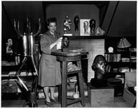 Evelyn Raymond with her works, ca. 1940