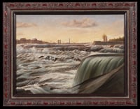 Oil painting of waves cascading down a river waterfall with yellow and blue sky and clouds on the horizon.