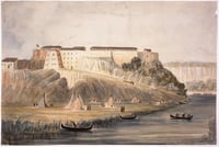 Painting in muted greens, blues, and pinks showing a fort under a grey-white sky, with a field and tipis below it. People row canoes on the river at right.