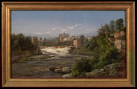 Color oil painting of St. Anthony Falls, with green trees growing alongside the river under a blue sky.