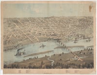Color lithograph map of downtown St. Paul and West Side Flats, 1867. Lithograph by Albert Ruger.
