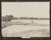 Black and white photograph of Jacob Brower at the Lake Itasca basin at DeSoto Lake, 1889.