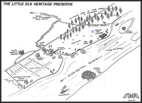 A drawn bird's-eye view of a confluence of two waterways, with trees at the top and right and structures throughout, situated to the left of a river.
