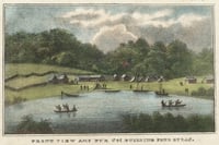 Lithograph image with white-and-grey clouds, a green treeline below them, and green grass with buildings and a body of water below them, with two canoes with paddlers.