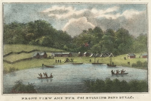 Lithograph image with white-and-grey clouds, a green treeline below them, and green grass with buildings and a body of water below them, with two canoes with paddlers.