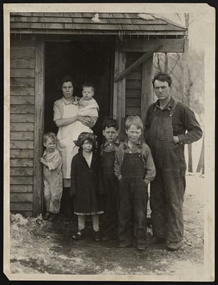 Black and white photograph of a starving farm family who appealed for aid, Hollandale, Freeborn County, 1929.
