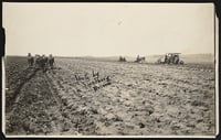 Black and white photograph of a horse and tractor farming in Roseau County, ca. 1920.