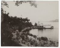 Black and white photograph of the steamer Ethel Howard, 1898. The Ethel Howard, shown here at Central Point, delivered the bodies of victims of the sinking of the Sea Wing to Red Wing in 1890.
