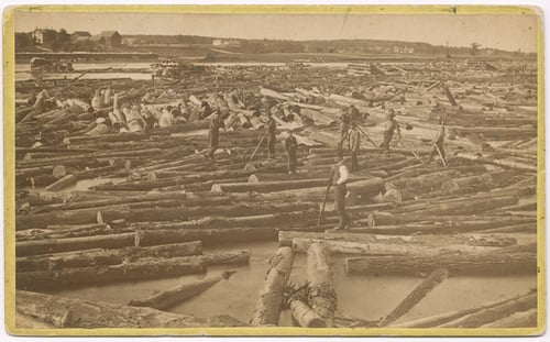 Laborers stand on logs floating in a river. The logs fill the river from the foreground to the shore in the background.