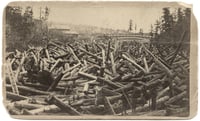 Laborers stand on jammed logs in the foreground, with logs continuing to a bridge in the background. Trees stand in the right and left background.
