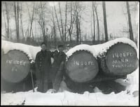 Two laborers pose between two giant felled trees resting on wooden supports on the ground, with a third fallen tree at right and leafless trees in the background.
