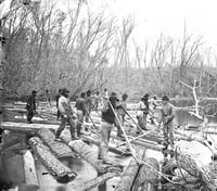 Laborers stand on floating logs in a river, holding sticks in their hands for balance. Leafless trees appear in the background.