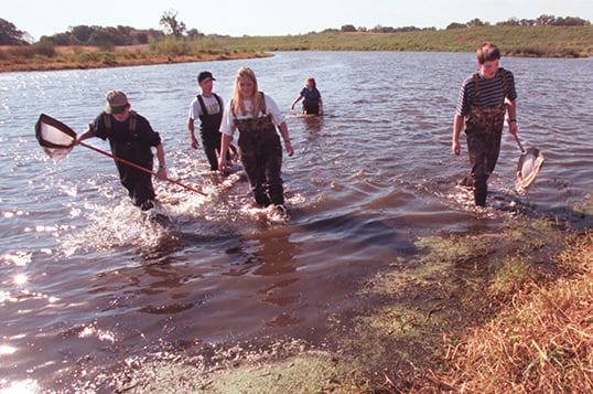 Three people carrying fishing nets walk through ankle-deep water (waist-deep in the middleground). There is shoreline at the front-right corner and in the background.
