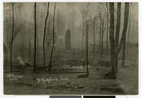 The charred remains of a forest, with a pillar (perhaps the remains of a wall of a building) rising in the center.