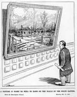 A figure with the words "Minn Legislature" on his coats, stands in front of a painting (hanging on a wall) of a burned group of buildings. Below him sits the caption, " the caption, “A Picture It Might Be Well to Hang on the Walls of the State Capitol.”