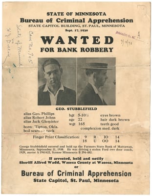 Color scan of a Wanted for Bank Robbery poster, 1930.