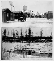 Black and white photographs of Main Street at Milford location and lake which flooded mine, 1924.
