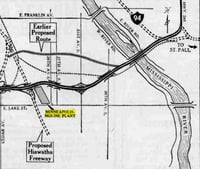 Map of Minneapolis south of Franklin Avenue, with the Mississippi RIver at right. 