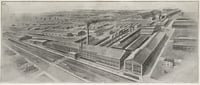 Drawing of a factory complex and nearby roads, with smoke coming from a smokestack at center.