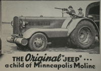 Newsprint add with two men sitting in a Jeep, with one handling a machine gun or other automatic weapon.
