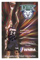 Graphic image showiwng a basketball player jumping up for a shot next to spokes of color, the Lynx logo, and players' signatures in black marker.