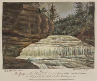 Painting showing a shallow, multi-tiered waterfall with a rocky promontory to the left and trees to the right.