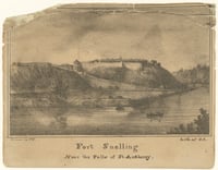 Lithograph torn across the top showing the intersection of two rivers and a fort sitting on a ridge behind it. 