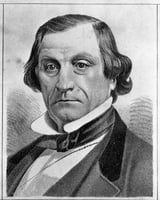 Black-and-white drawing of a man's head and shoulders. His wavy hair partially covers his ears, and he wears a suit jacket, tie, and high collar.