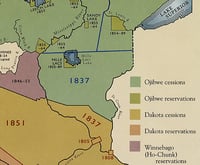 Map with colored squares indicating the locations of Ojibwe, Dakota, and Ho-Chunk land cessions and reservations south of Duluth and wests of the St. Croix River.