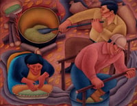 Three figures at work in a swirl of curving shapes and pastel colors, with one bending over a basket of wild rice, another stirring a pot, and another treading the rice.