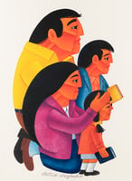 Four figures stand in profile facing to the right. Two children hold books; a woman knees and a man kneels behind her.