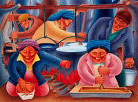 Six figures act out the steps of making maple sugar.