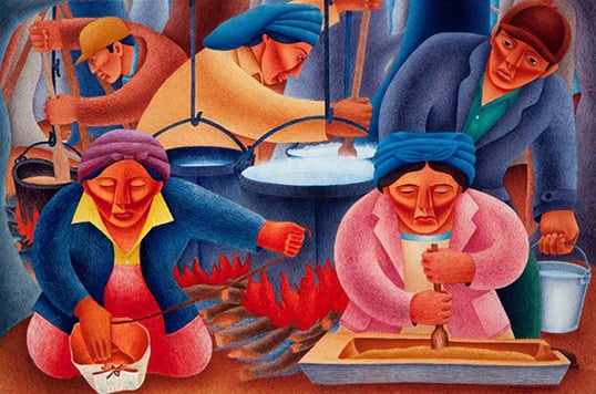 Five figures act out the steps of making maple sugar