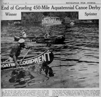 Newsprint photo under a headline showing two canoes in water with a boat and shoreline in the background.
